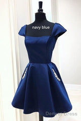 Navy Blue Satin Short A-Line Homecoming Dress With Cap Sleeves And Beaded Pockets