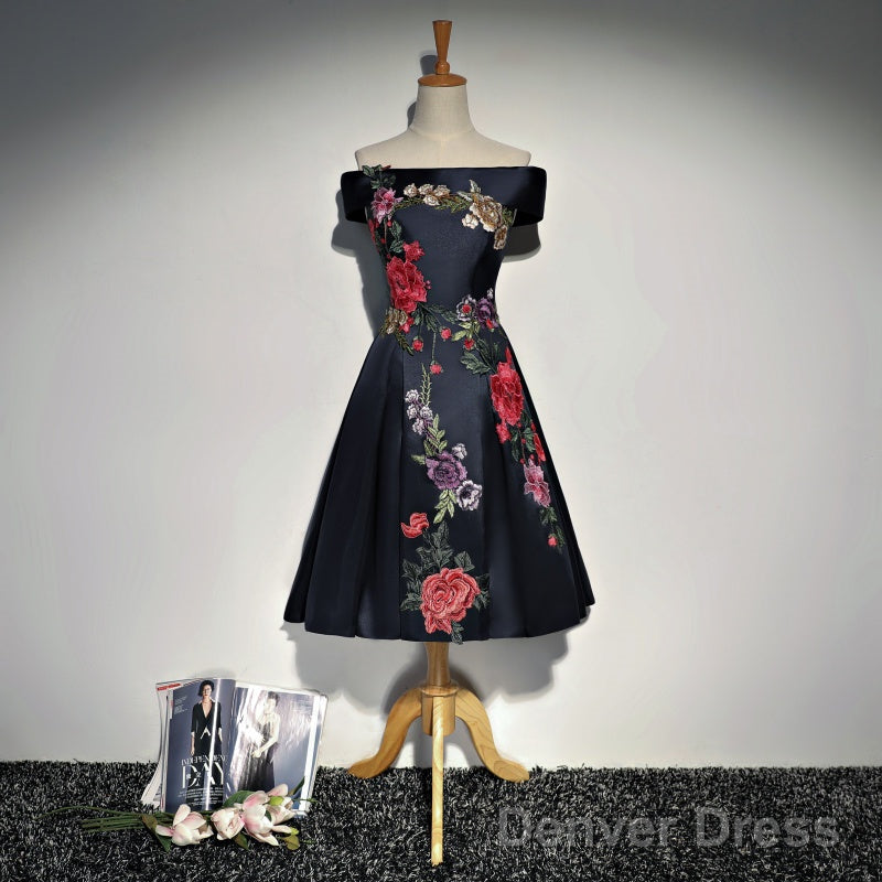 Navy Blue Satin Short Prom Dress With Embroidery, Blue Off Shoulder Prom Dresses