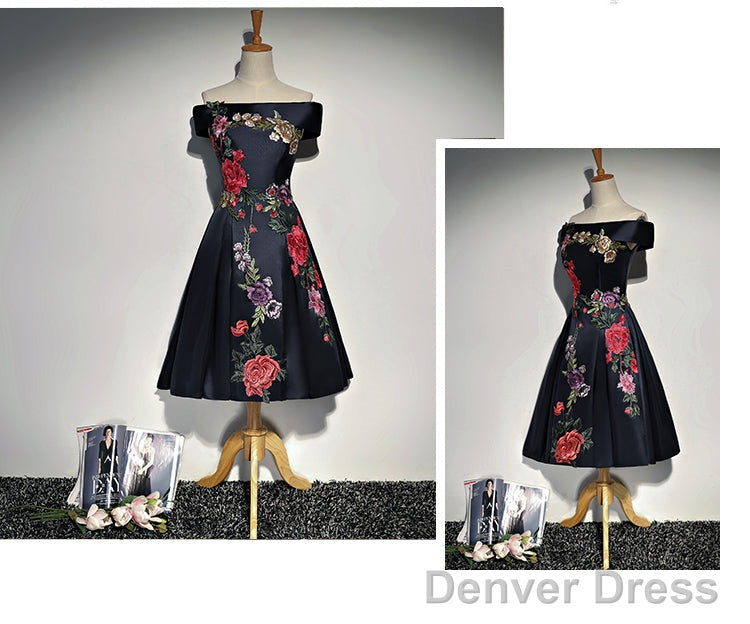 Navy Blue Satin Short Prom Dress With Embroidery, Blue Off Shoulder Prom Dresses