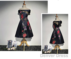 Navy Blue Satin Short Party Dress With Embroidery, Blue Off Shoulder Party Dress