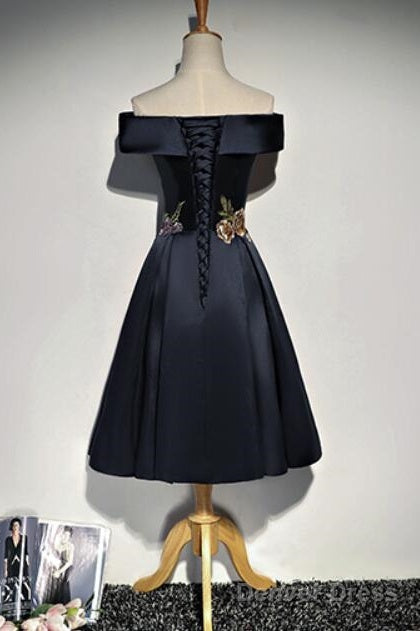 Navy Blue Satin Short Prom Dress With Embroidery, Blue Off Shoulder Prom Dresses