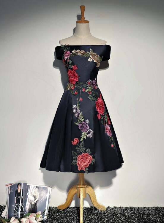 Navy Blue Satin Short Prom Dress With Embroidery, Blue Off Shoulder Prom Dresses