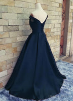 Navy Blue Satin Sweetheart A Line Handmade Prom Dress, Blue Long Prom Dresses