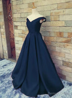 Navy Blue Satin Sweetheart A Line Handmade Prom Dress, Blue Long Prom Dresses