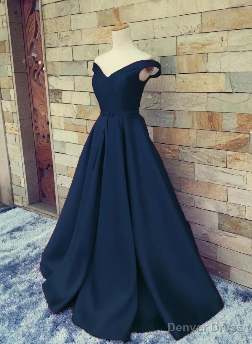 Navy Blue Satin Sweetheart A Line Handmade Prom Dress, Blue Long Prom Dresses