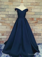 Navy Blue Satin Sweetheart A Line Handmade Prom Dress, Blue Long Prom Dresses
