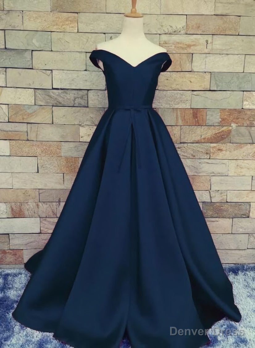 Navy Blue Satin Sweetheart A Line Handmade Prom Dress, Blue Long Prom Dresses