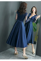 Navy Blue Satin Tea Length With Lace Long Sleeves Bridesmaid Dress, Blue Short Party Dress