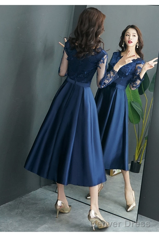 Navy Blue Satin Tea Length With Lace Long Sleeves Bridesmaid Dress, Blue Short Party Dress