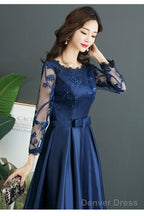 Navy Blue Satin Tea Length With Lace Long Sleeves Bridesmaid Dress, Blue Short Party Dress