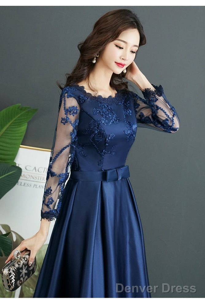 Navy Blue Satin Tea Length With Lace Long Sleeves Bridesmaid Dress, Blue Short Prom Dresses