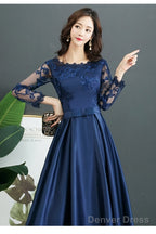 Navy Blue Satin Tea Length With Lace Long Sleeves Bridesmaid Dress, Blue Short Party Dress