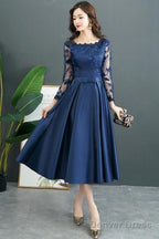 Navy Blue Satin Tea Length With Lace Long Sleeves Bridesmaid Dress, Blue Short Prom Dresses