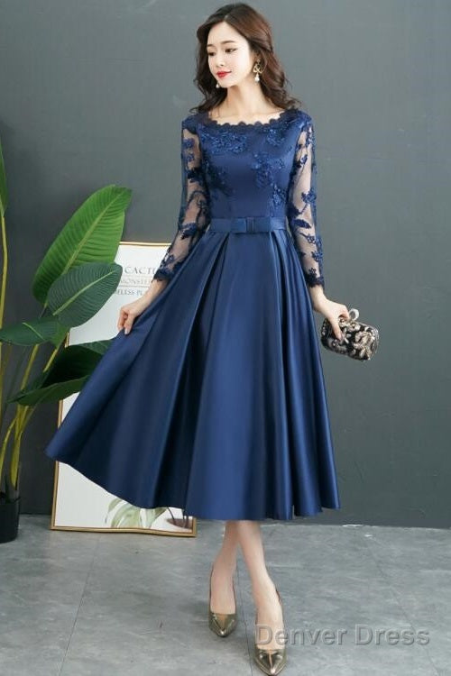 Navy Blue Satin Tea Length With Lace Long Sleeves Bridesmaid Dress, Blue Short Prom Dresses