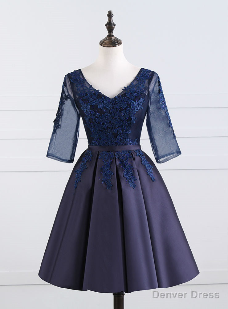Navy Blue Satin V nec Short Sleeve Homecoming Dresses