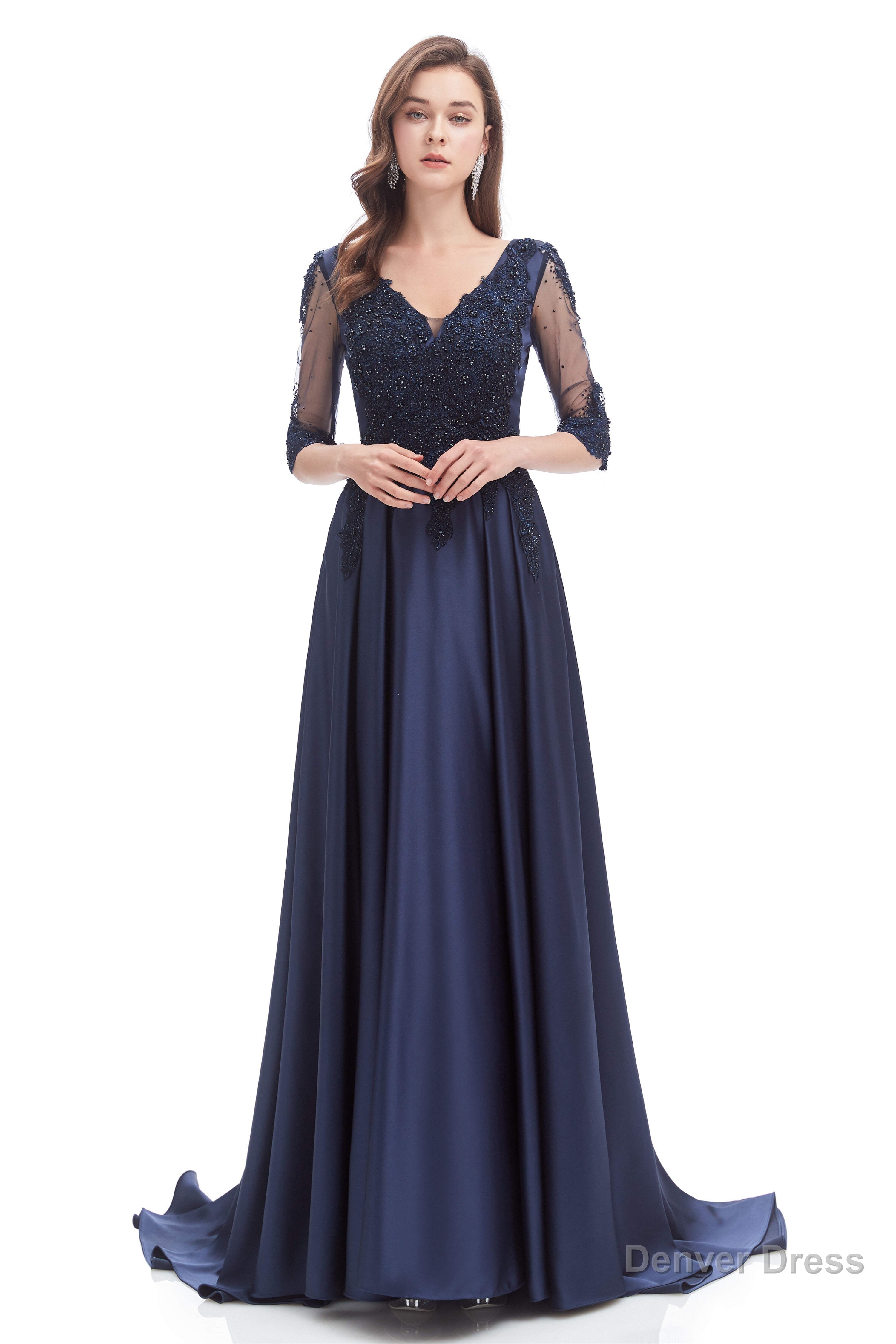 Navy Blue Satin V Neck Short Sleeve Beading Prom Dresses Main image