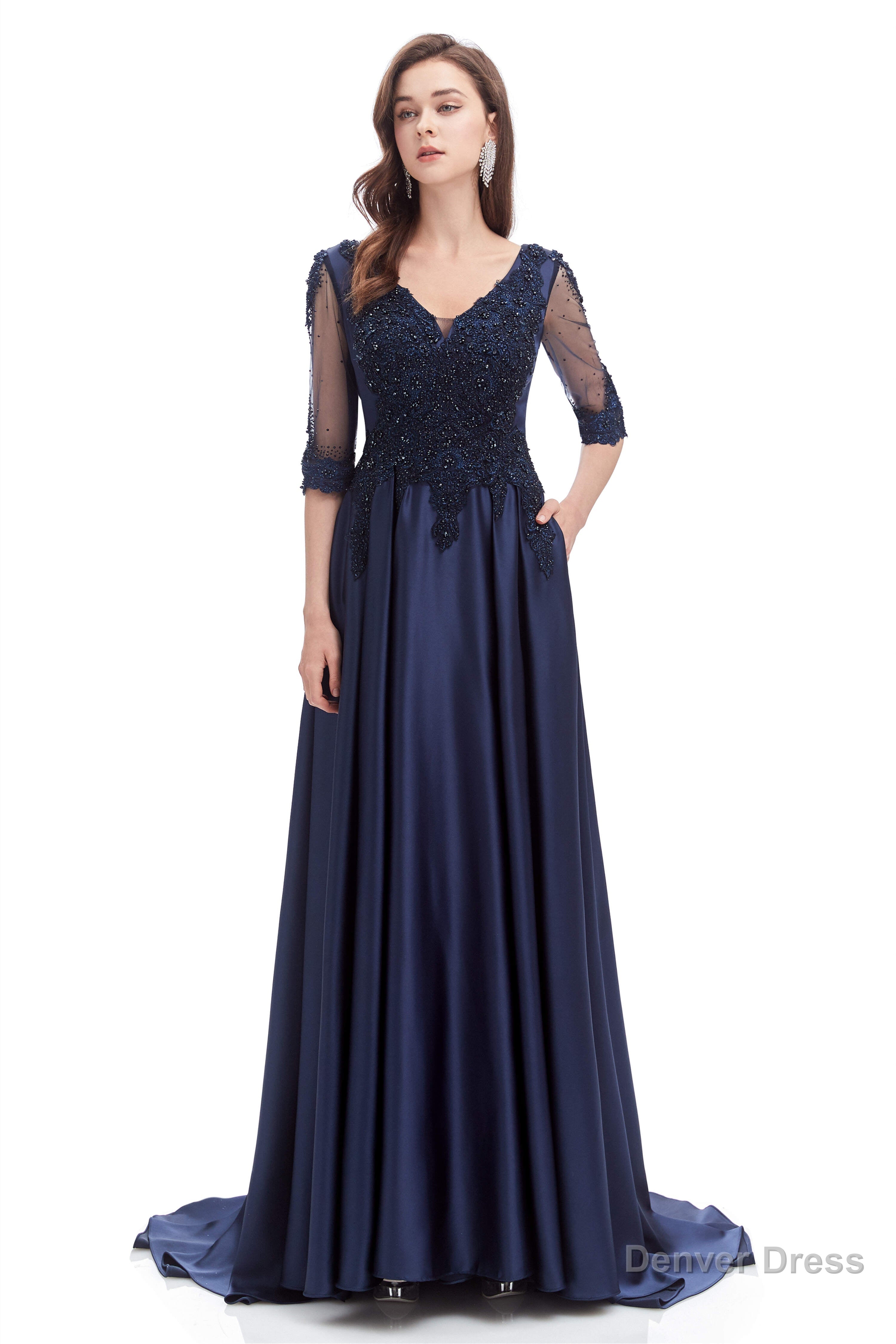 Navy Blue Satin V Neck Short Sleeve Beading Prom Dresses Secondary image