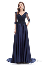 Navy Blue Satin V Neck Short Sleeve Beading Prom Dresses