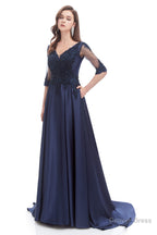Navy Blue Satin V Neck Short Sleeve Beading Prom Dresses
