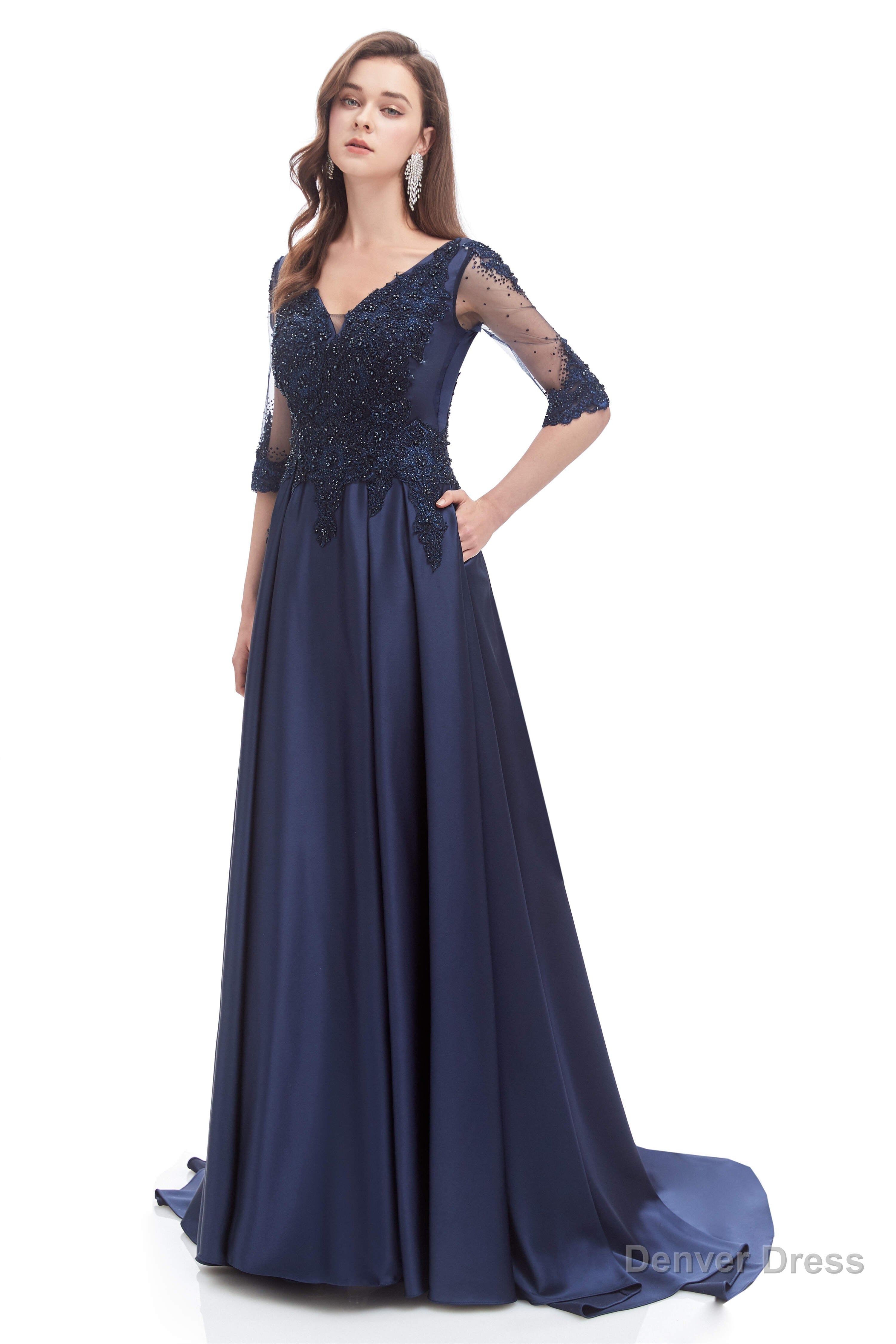 Navy Blue Satin V Neck Short Sleeve Beading Prom Dresses