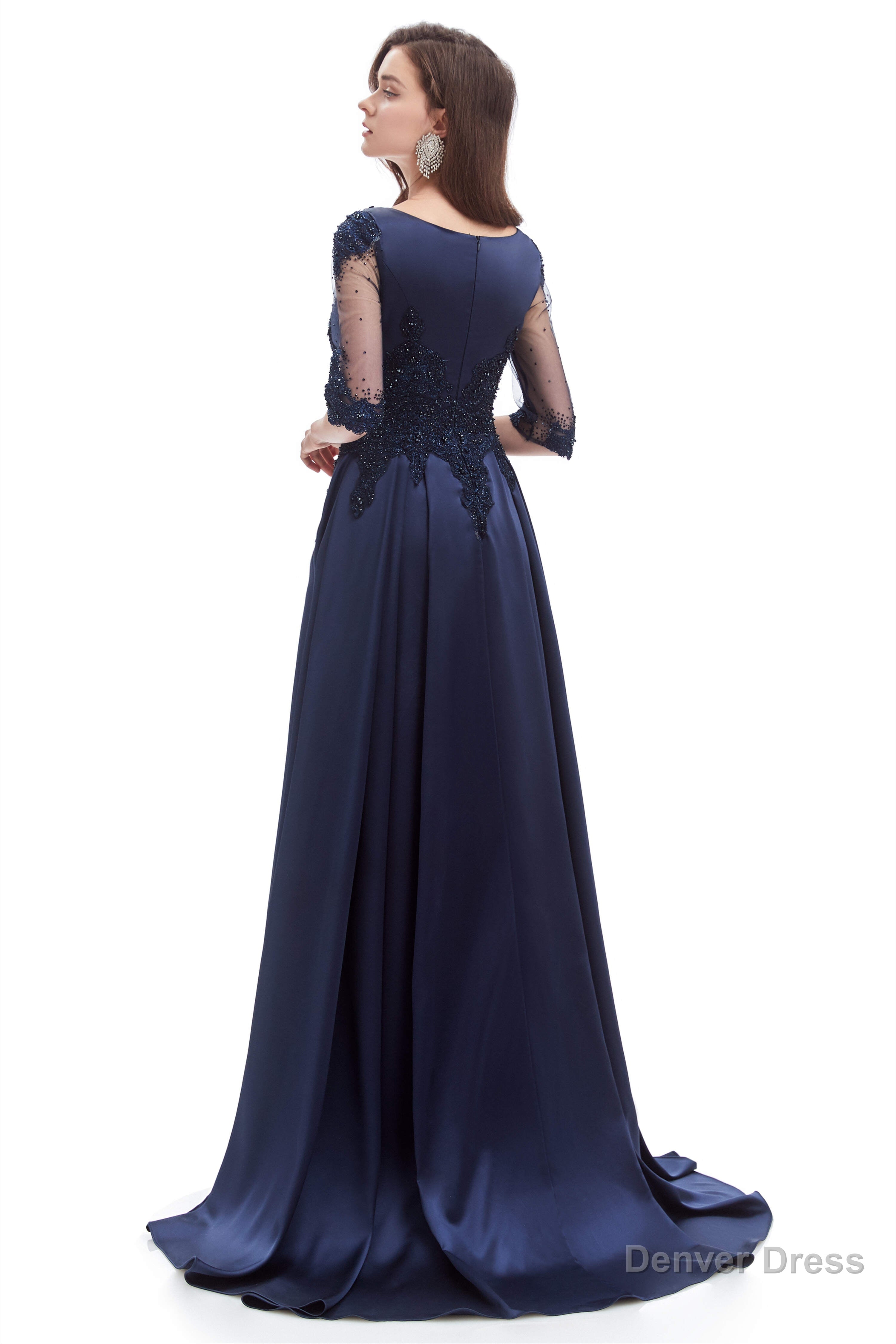 Navy Blue Satin V Neck Short Sleeve Beading Prom Dresses