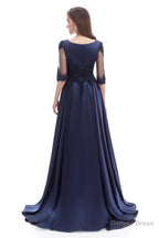 Navy Blue Satin V Neck Short Sleeve Beading Prom Dresses