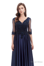 Navy Blue Satin V Neck Short Sleeve Beading Prom Dresses