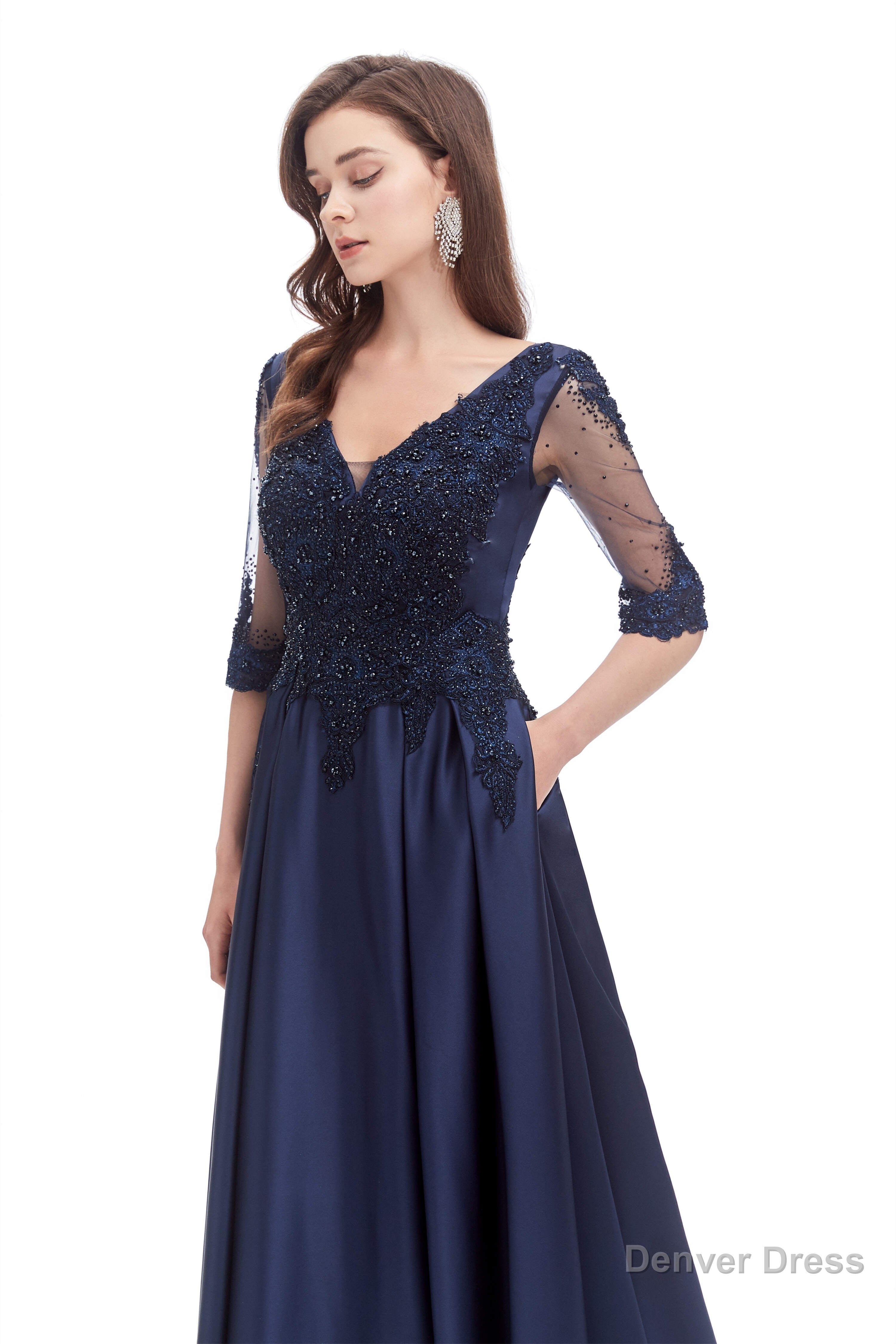 Navy Blue Satin V Neck Short Sleeve Beading Prom Dresses