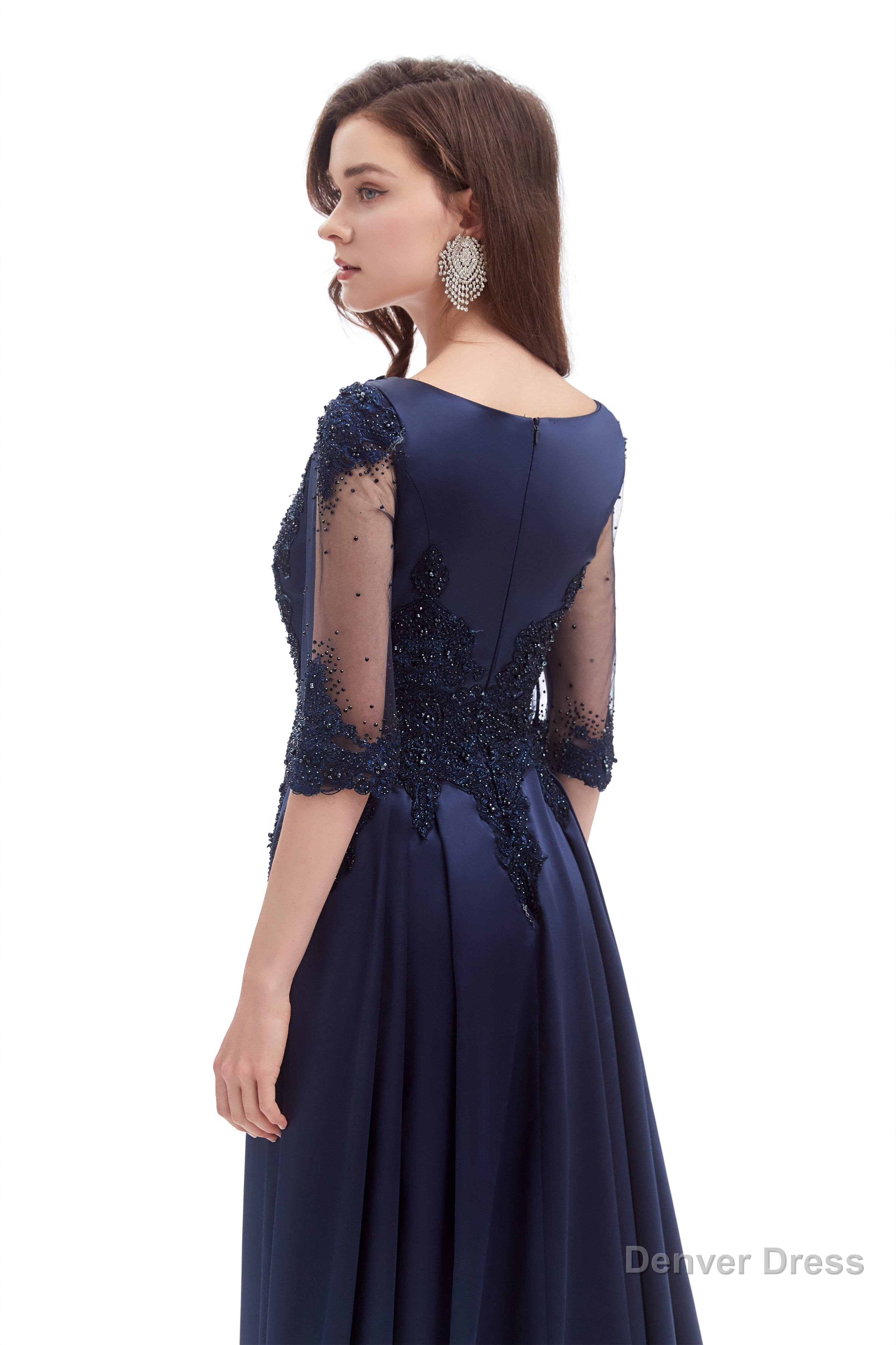 Navy Blue Satin V Neck Short Sleeve Beading Prom Dresses