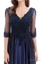Navy Blue Satin V Neck Short Sleeve Beading Prom Dresses