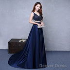 Navy Blue Satin With Lace Beaded Long Junior Prom Dress, Blue Satin Party Dresses