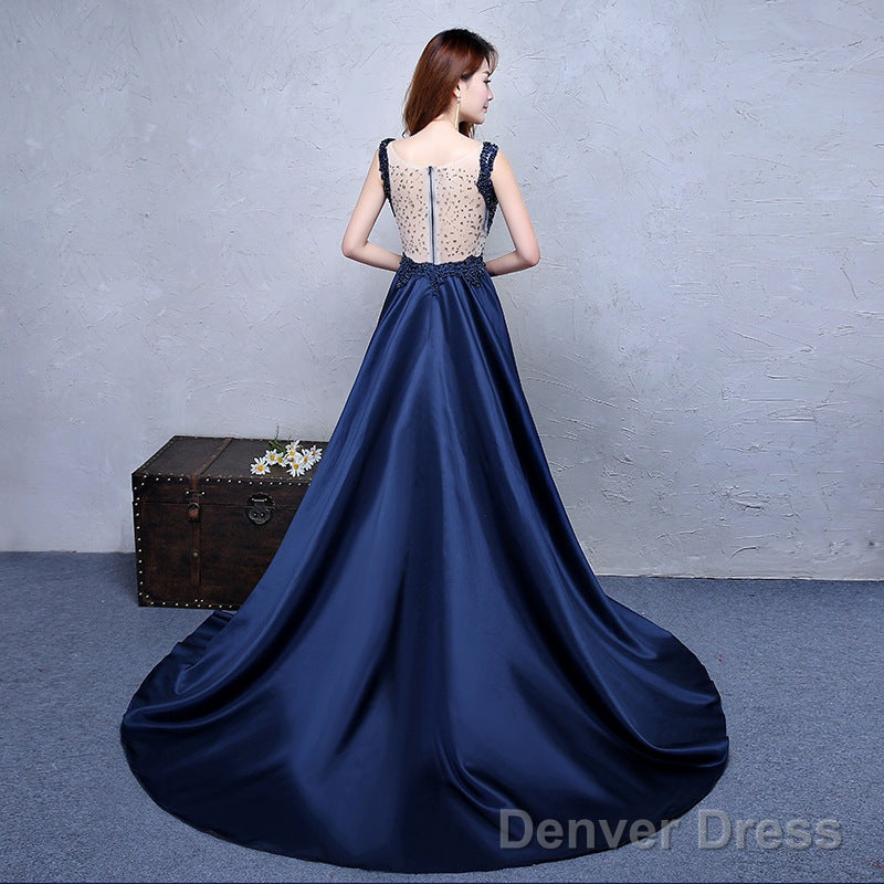 Navy Blue Satin With Lace Beaded Long Junior Prom Dress, Blue Satin Party Dresses