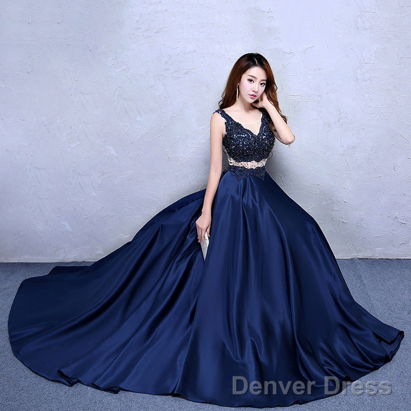 Navy Blue Satin With Lace Beaded Long Junior Prom Dress, Blue Satin Party Dresses