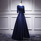 Navy Blue Satin With Lace Short Sleeves Long Prom Dresses, Blue Evening Dresses Formal Dress