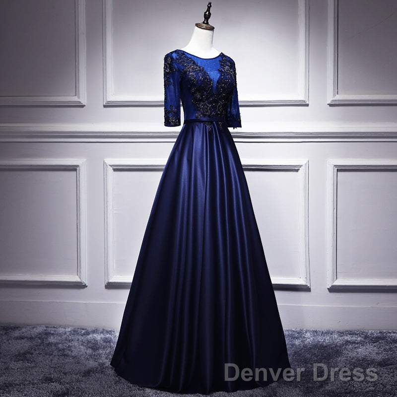 Navy Blue Satin With Lace Short Sleeves Long Prom Dresses, Blue Evening Dresses Formal Dress