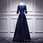 Navy Blue Satin With Lace Short Sleeves Long Prom Dresses, Blue Evening Dresses Formal Dress