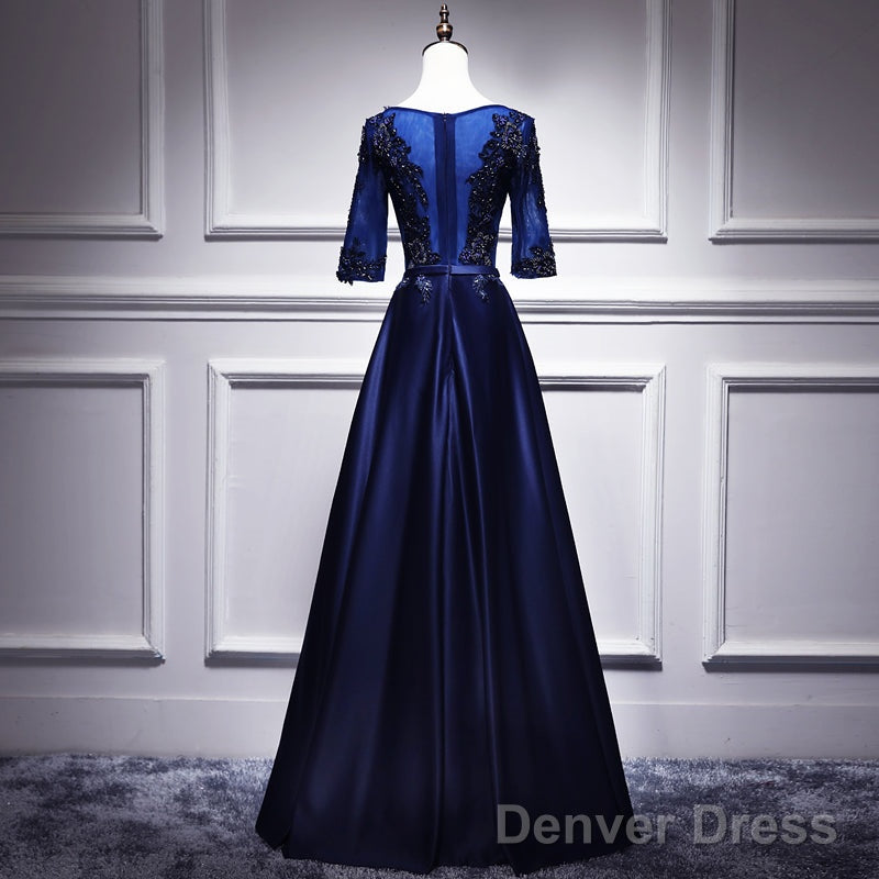 Navy Blue Satin With Lace Short Sleeves Long Prom Dresses, Blue Evening Dresses Formal Dress