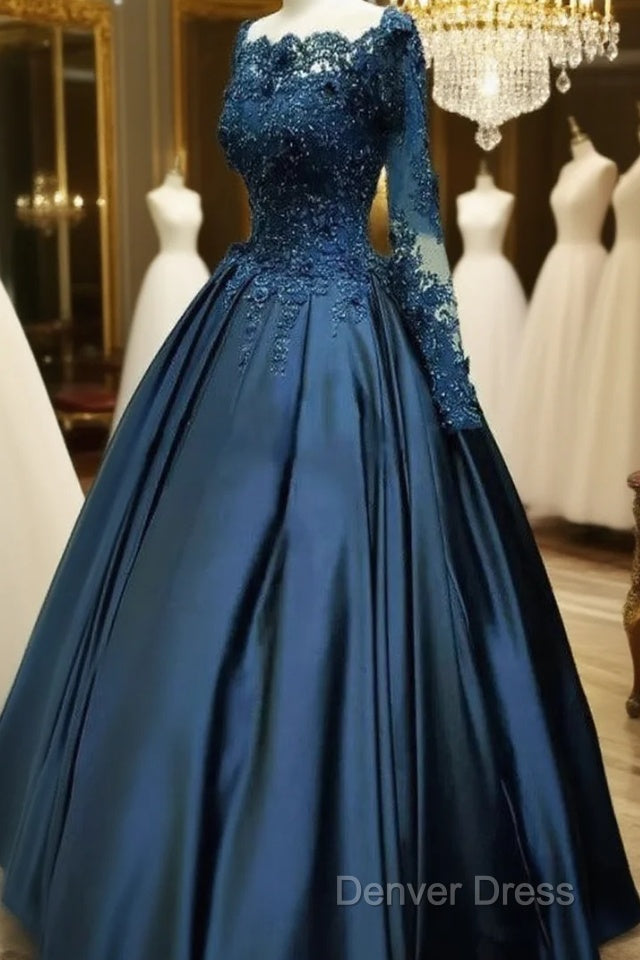 Navy Blue Satin With Lace Top Long Sleeves Sweet 16 Gowns, Blue Prom Dresses