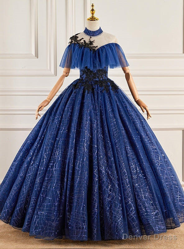 Navy Blue Sequins High Neck Appliques Beading Quinceanera Dresses