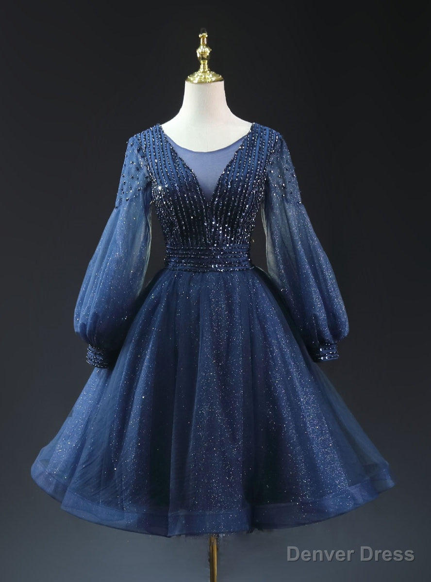 Navy Blue Sequins Long Sleeve Beading Homecoming Dress Main image