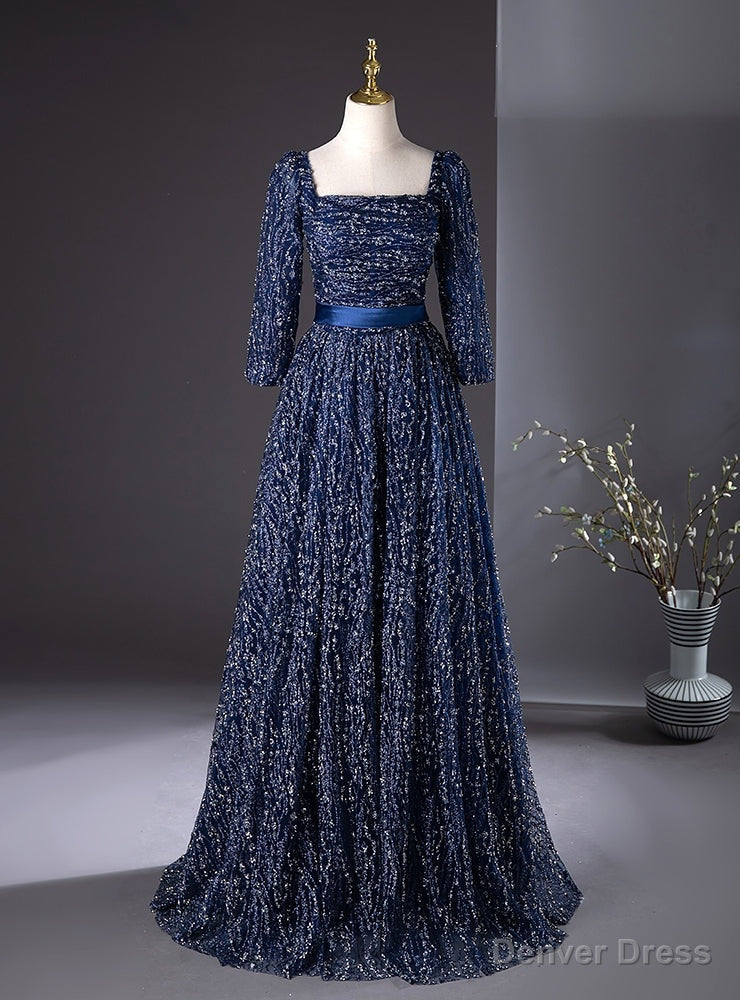 Navy Blue Sequins Long Sleeve Square Prom Dresses