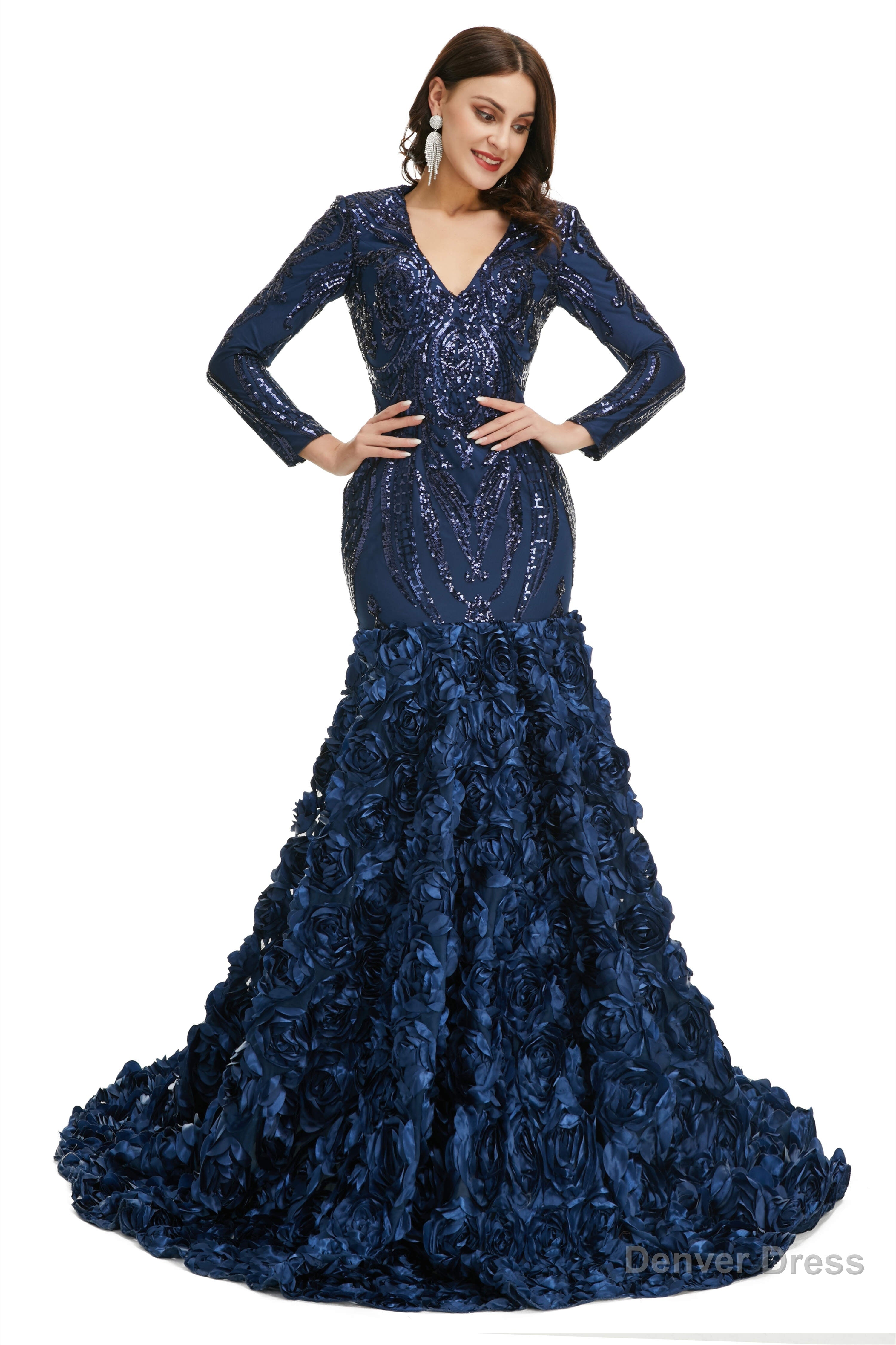 Sequins Mermaid Long V Neck Prom Dresses Full Sleeve Main image