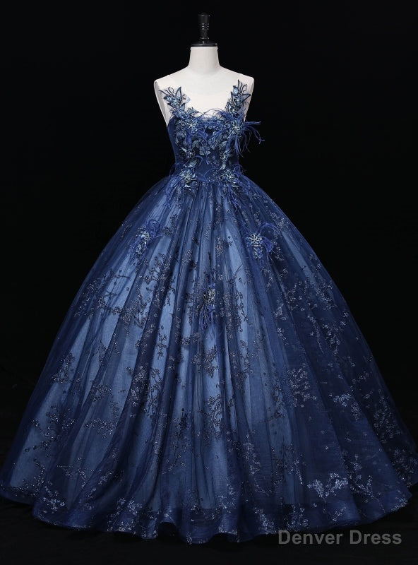 Navy Blue Sequins Tulle Appliques Quinceanera Dresses