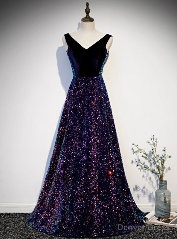 Navy Blue Sequins V Neck Backless Prom Dresses
