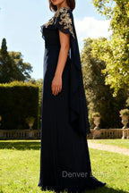 Navy Blue Sheath Appliqued Mother Of The Bride Dress With Shawl