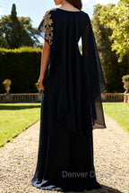 Navy Blue Sheath Appliqued Mother Of The Bride Dress With Shawl