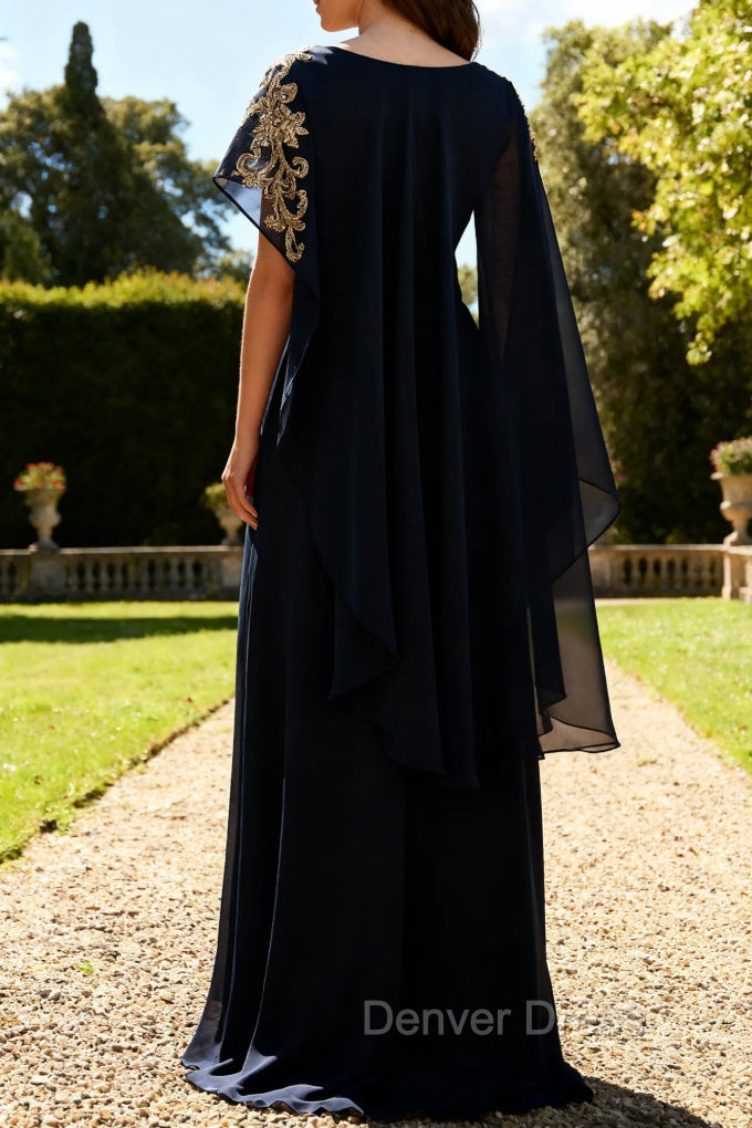 Navy Blue Sheath Appliqued Mother Of The Bride Dress With Shawl