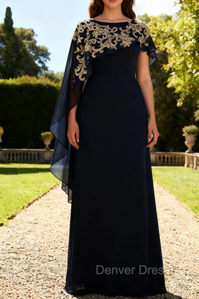 Navy Blue Sheath Appliqued Mother Of The Bride Dress With Shawl