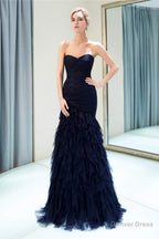 Navy Blue Sheath Sweetheart Strapless Draped Tulle Pleats Prom Dresses