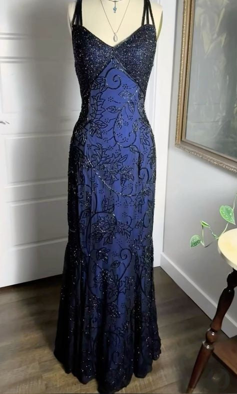 Navy Blue Shiny Elegant Exquisite Beaded Applique Straps Long Tulle Sequins Ball Gowns Prom Dress Secondary image